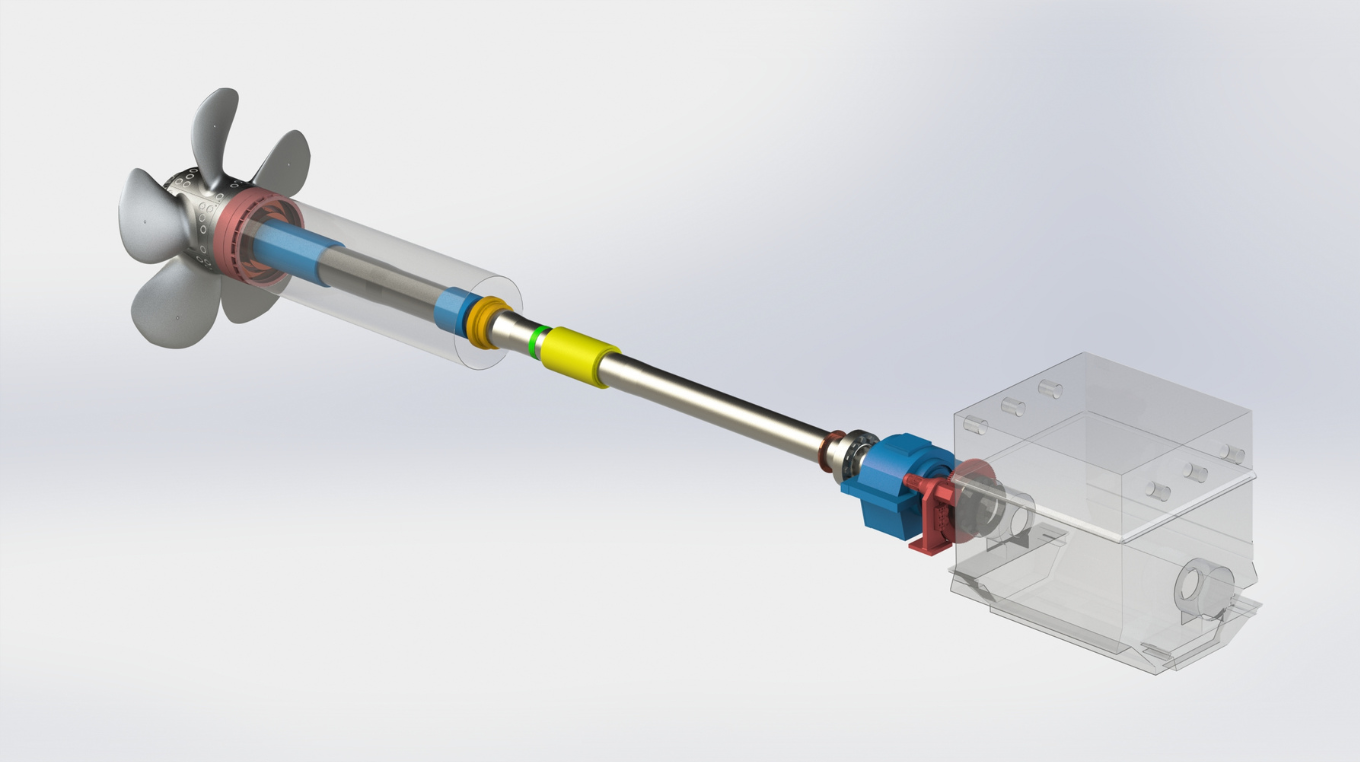 A 3D representation of the Polarstern's central shaftline propulsion system, highlighting a five-blade propeller and colored shaftline components.